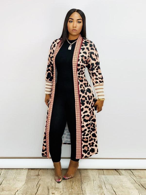 Women's Leopard & Zebra Stripe Print Open Front Long Coat, Casual Long Sleeve Outerwear for Spring & Fall,  Coats for Women, Ladies Clothes for Daily Wear