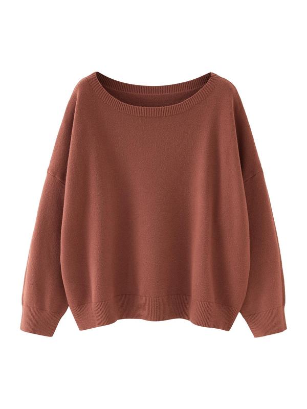 Women's Chic Plain Scoop Neck Knitted Long Sleeve Sweater, Lady Basic Comfort Drop Shoulder Crewneck Knitting Back To School Jumper, Fall Clothes, 2024 Knitwear Clothes, Womenswear, Fall Outfits, Earthtone Fallfreshness, Vintage Clothing