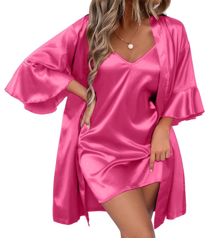 Ekouaer Women's Silk Robe Set V-neck 2 Piece Bridal Party Robes and Satin Bathrobe Set with Pockets