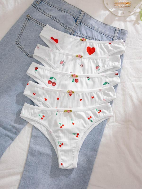 Women's 5pcs Heart & Cherry Print Flowers Decor High Waist Knicker, Soft Comfy Breathable Panty for Daily Wear, Underwear for All Seasons