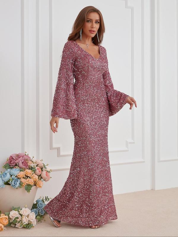 Women's Glitter Sequin Flounce Sleeve Mermaid Evening Dress, Elegant V Neck Long Sleeve Maxi Dress for Party Banquet, Prom Gown, Ladies' Clothes for All Seasons