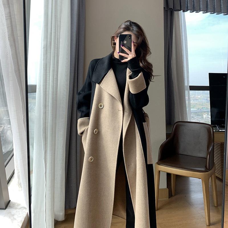 Hepburn style woolen coat for women long 2024 winter new style high-end temperament slim contrast color woolen coat for women