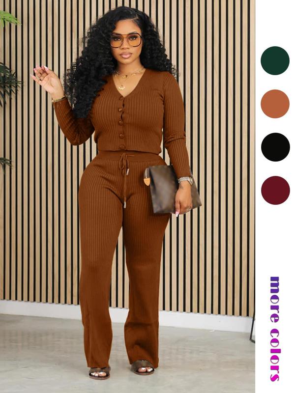 Women's Plain Button Front V Neck Top & Drawstring Waist Pants Set, Two Piece Sets, Fall 2 Piece Set Women Wear, Long Sleeve Top & Elastic Waist Trousers Co-ord Sets Downtown Girl Clothes