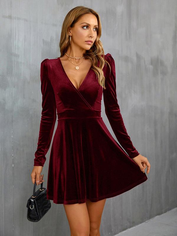 Women's Wrap Deep V Neck A Line Velvet Dress, Elegant Puff Sleeve Short Dress for Party Holiday Wedding Guest, Ladies Clothes for All Seasons