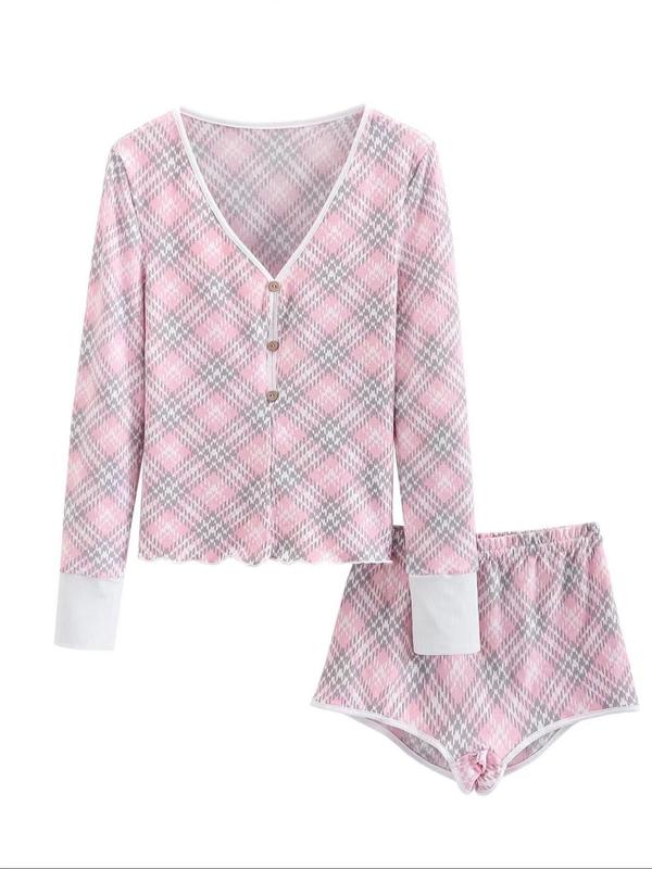 Two-Piece Set Women's Plaid Print Button Front Top & Shorts Pajama Set, Casual Comfy Long Sleeve Tee & Shorts PJ Set, Ladies Sleepwear for All Seasons