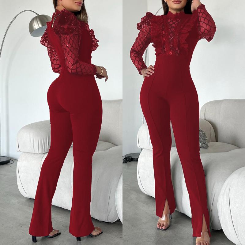 ChicMe Women‘s Elegant Mesh See Through Long Sleeve Jumpsuits Contrast Lace Sequin Patch Casual Overalls Fit Light