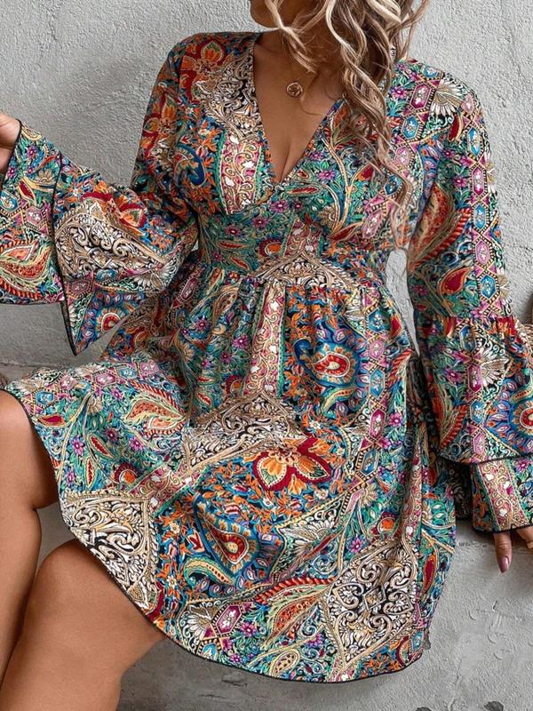  All Over Paisley Print Ruffle Trim Flounce Sleeve Dress, Boho Deep V Neck Long Sleeve A Line Dress for Vacation Holiday Wedding Guest, Women's Clothes for Fall & Winter, Dresses for Women Moo Moo Dresses