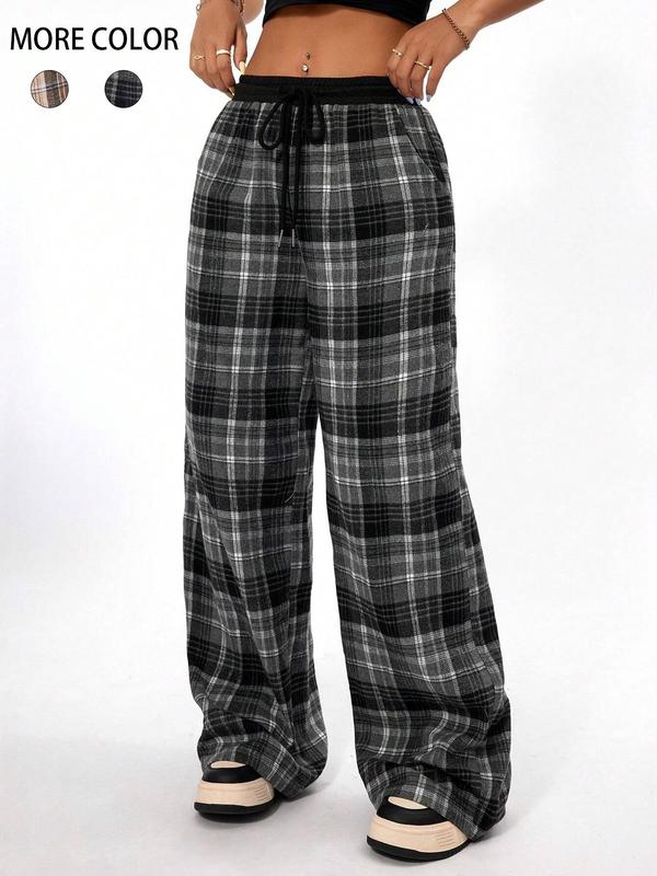 Women's Plaid Print Drawstring Waist Wide Leg Pants, Pants for Women, Going Out Bottoms, Casual Comfy Pocket Trousers for Spring & Fall, Women's Bottoms for Daily Wear, Downtown Girl Clothes, Preppy 80s Clothes