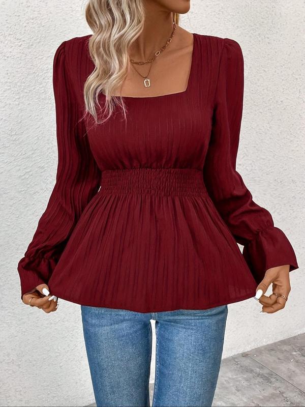 Women's Textured Flounce Sleeve Blouse, Casual Solid Square Neck Top for Spring & Fall, Women's Clothing for Daily Wear