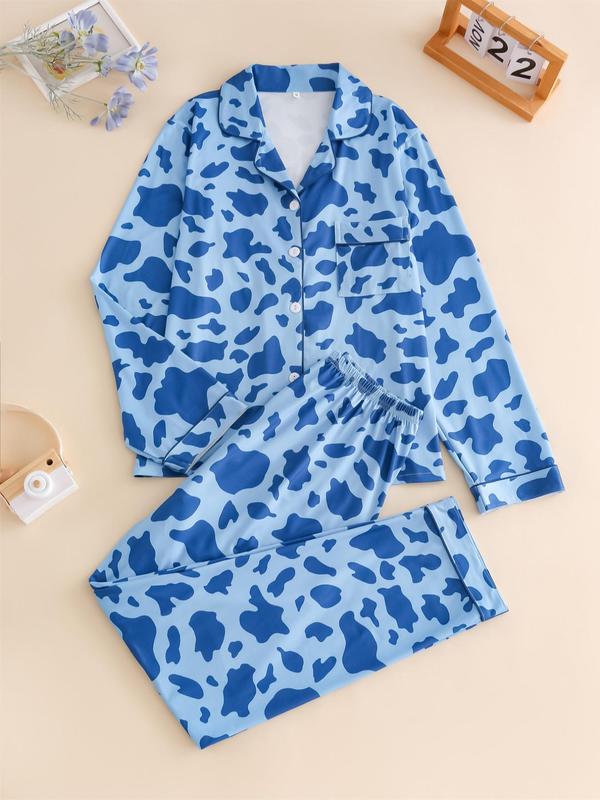 Two-Piece Set Women's Cow Print Pajama Set, Long Sleeve Lapel Neck Button Front Shirt & Pants PJ Set, Women's Sleepwear for Spring & Fall