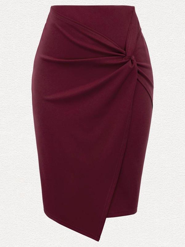 Women's Solid Twist Wrap Bodycon Skirt, Elegant Fashion High Waist Knee Length Skirt, Skirts for Women, Ladies Bottoms for All Seasons Work Business Daily Wear