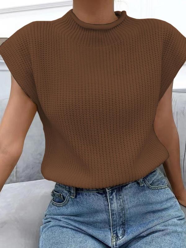 Women's Plain Roll Trim Mock Neck Sweater Vest, Casual Solid Sleeveless Knit Top for Spring & Fall, Clothes Women, Women's Knitwear for Daily Wear, Summer Outfits 2024