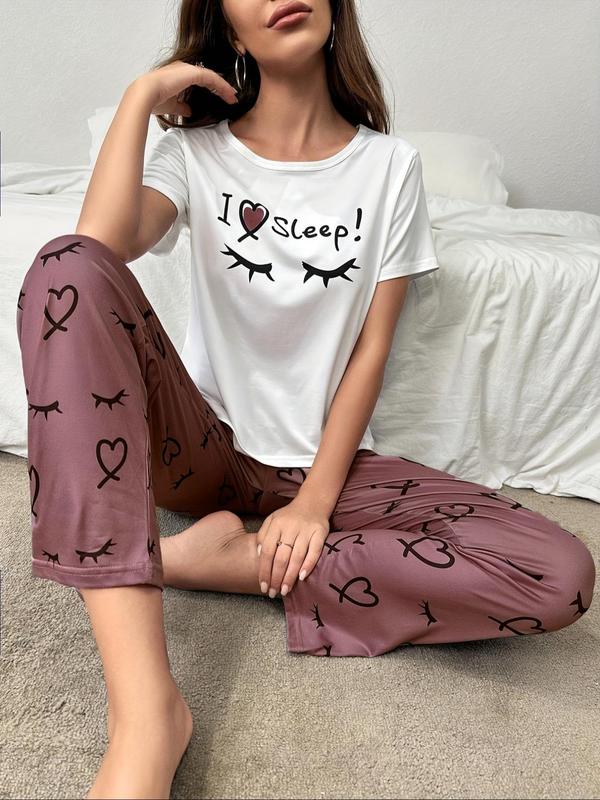 Two-Piece Set Women's Heart Letter Eyelash Print Tee & Elastic Waist Pants Pyjama Set, Casual Comfy Round Neck Short Sleeve T-shirt & Trousers Pj Set, Ladies Sleepwear for All Seasons