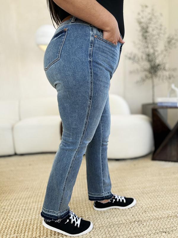 Judy Blue Tummy Control Jeans  Mid Rise Rigid Magic Release Hem Jeans 99371 Trendy Raw Edge Denim Pants Women Comfort Fit Style