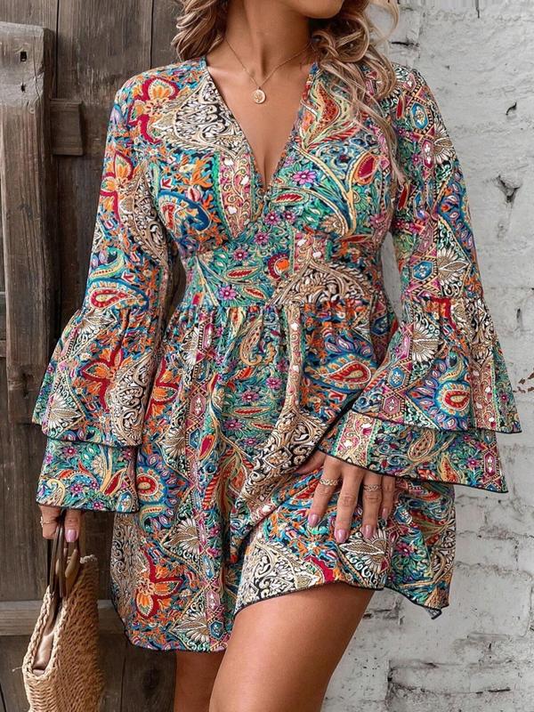  All Over Paisley Print Ruffle Trim Flounce Sleeve Dress, Boho Deep V Neck Long Sleeve A Line Dress for Vacation Holiday Wedding Guest, Women's Clothes for Fall & Winter, Dresses for Women Moo Moo Dresses