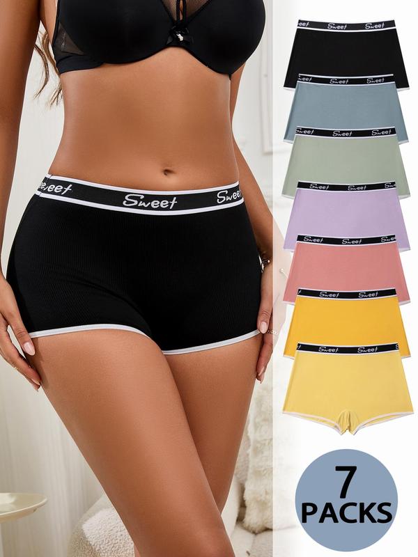 Lgbtq+ Women's 7pcs Letter Tape Contrast Binding Ribbed Boxer Brief,  Underwear for Women, Summer Wear 2024, Soft Comfy Breathable Panty for Daily Wear, Underwear for All Seasons