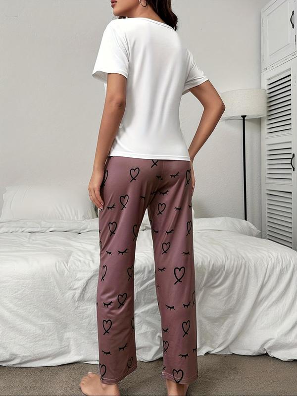 Two-Piece Set Women's Heart Letter Eyelash Print Tee & Elastic Waist Pants Pyjama Set, Casual Comfy Round Neck Short Sleeve T-shirt & Trousers Pj Set, Ladies Sleepwear for All Seasons