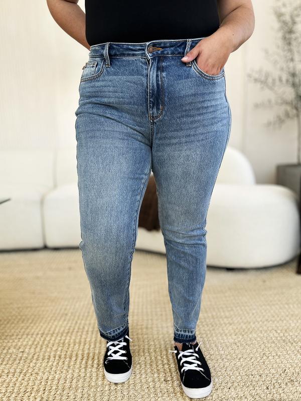 Judy Blue Tummy Control Jeans  Mid Rise Rigid Magic Release Hem Jeans 99371 Trendy Raw Edge Denim Pants Women Comfort Fit Style