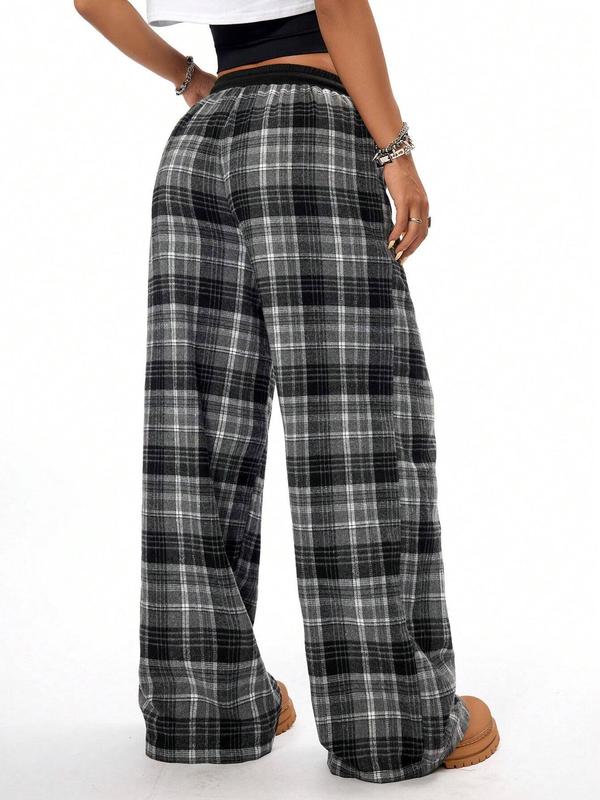 Women's Plaid Print Drawstring Waist Wide Leg Pants, Pants for Women, Going Out Bottoms, Casual Comfy Pocket Trousers for Spring & Fall, Women's Bottoms for Daily Wear, Downtown Girl Clothes, Preppy 80s Clothes