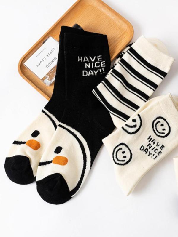 Women's 5 Pairs Cartoon Face & Striped Print Crew Socks, Casual Comfortable Breathable Socks For Daily Wear, Stocking Ideas, Women's Socks For Spring Fall