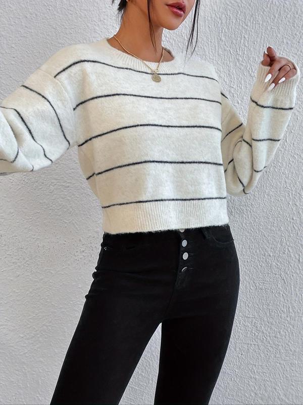 Women's Striped Print Drop Shoulder Sweater, Casual Long Sleeve Round Neck Jumper for Spring & Fall, Fashion Women's Knitwear for Daily Wear,  Fall Clothes