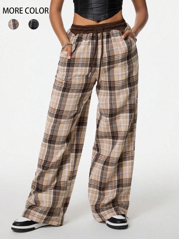 Women's Plaid Print Drawstring Waist Wide Leg Pants, Pants for Women, Going Out Bottoms, Casual Comfy Pocket Trousers for Spring & Fall, Women's Bottoms for Daily Wear, Downtown Girl Clothes, Preppy 80s Clothes