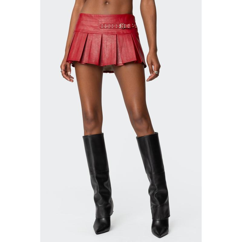 Carmine Faux Leather Pleated Mini Skirt