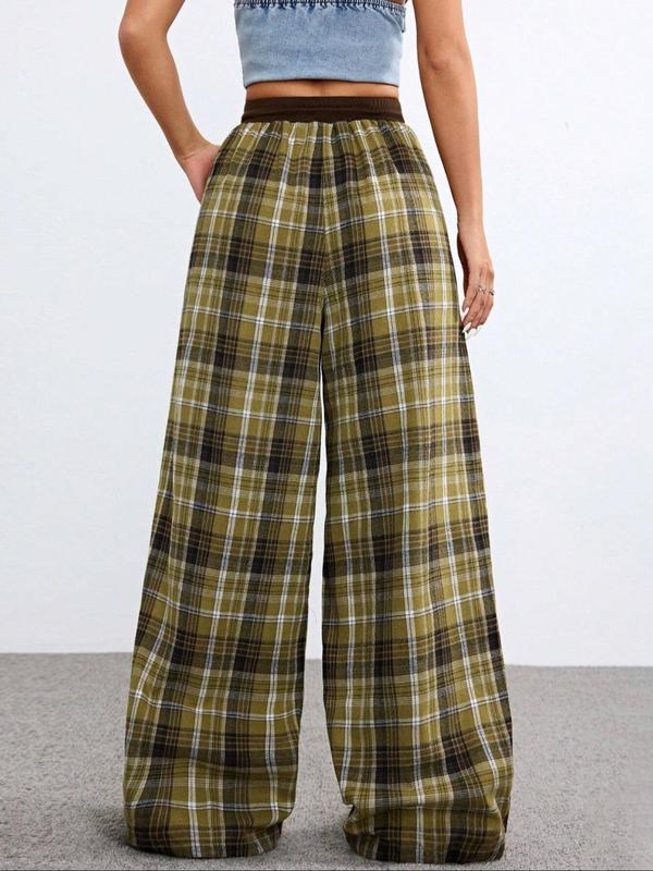 Women's Plaid Print Drawstring Waist Wide Leg Pants, Pants for Women, Going Out Bottoms, Casual Comfy Pocket Trousers for Spring & Fall, Women's Bottoms for Daily Wear, Downtown Girl Clothes, Preppy 80s Clothes