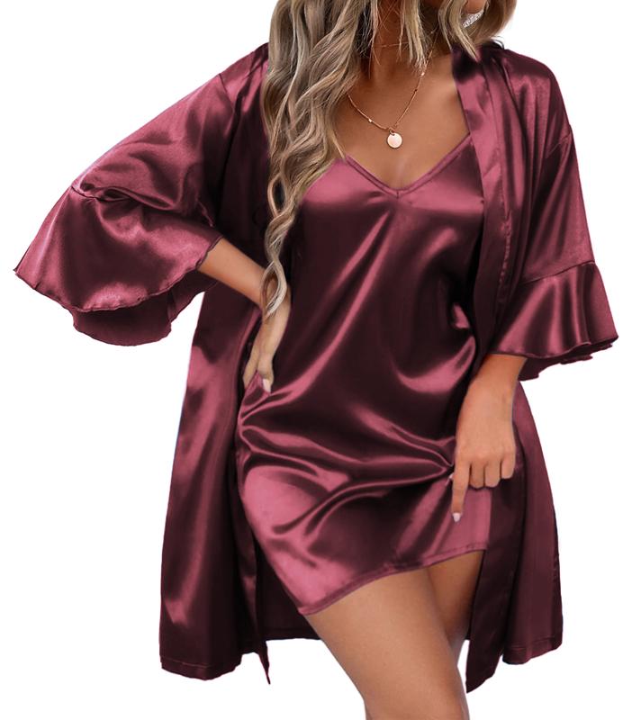 Ekouaer Women's Silk Robe Set V-neck 2 Piece Bridal Party Robes and Satin Bathrobe Set with Pockets