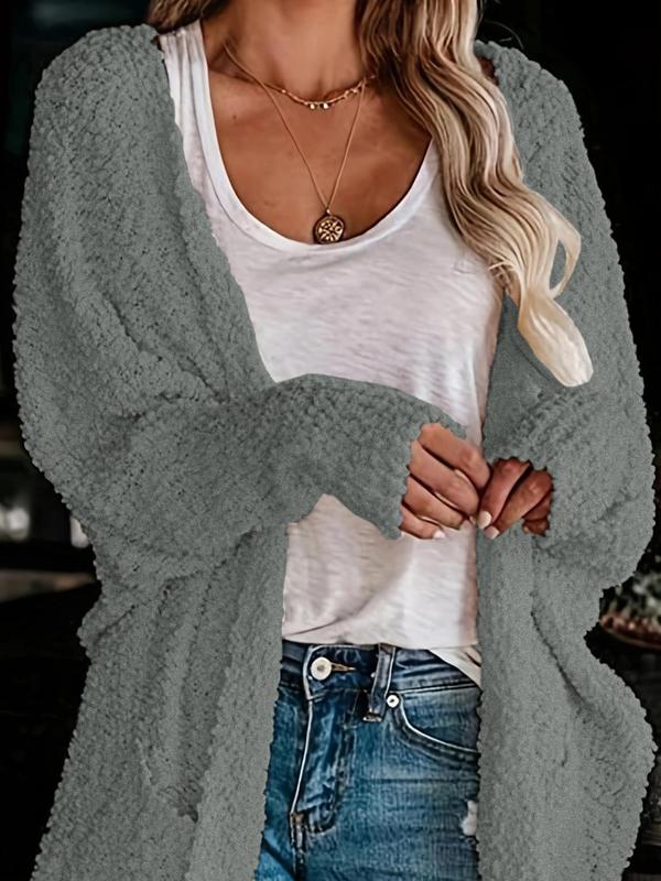 Women's Solid Pocket Batwing Sleeve Cardigan, Casual Long Sleeve Open Front Outerwear for Daily Wear, Ladies Clothes for All Seasons