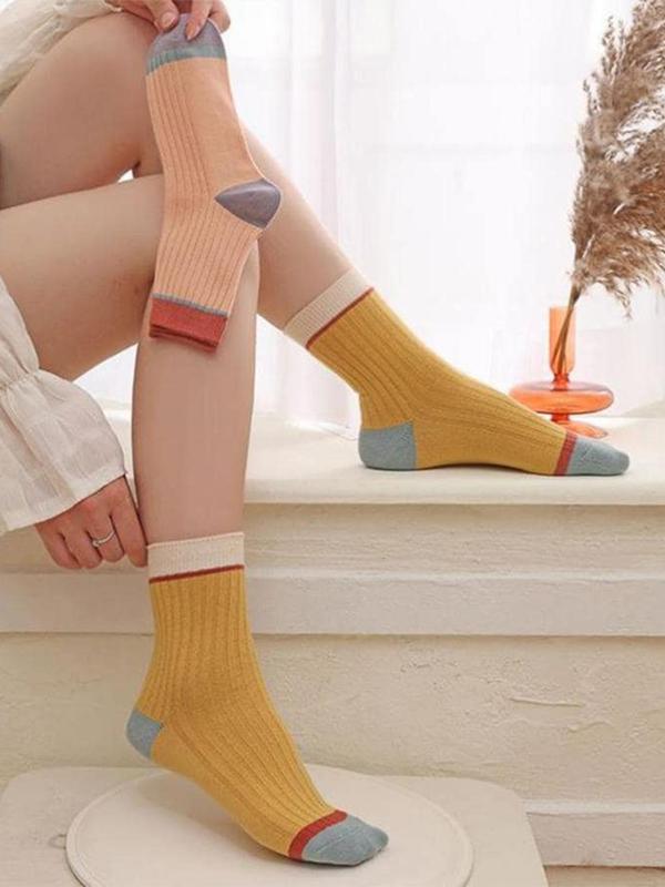 Women's 5 Pairs Colorblock Crew Socks, Casual Moisture Wicking Mid Tube Socks, Soft Comfy Breathable Socks For All Seasons Daily Wear