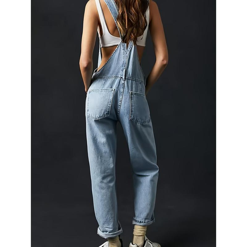 Women's Fashion Denim Overalls, Casual Style, Non-Stretch, Relaxed Fit - Classic Blue Jean Jumpsuit Dungarees With Pockets For Fall Polyester Womenswear