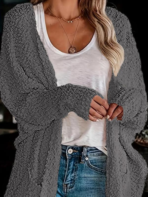 Women's Solid Pocket Batwing Sleeve Cardigan, Casual Long Sleeve Open Front Outerwear for Daily Wear, Ladies Clothes for All Seasons