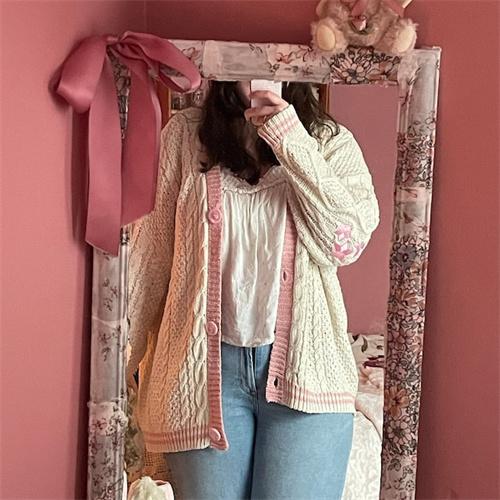 Girls Star Embroidered Oversized Cardigan, Valentine's Day Gift for Girlfriend, Taylor Pink Lover Heart Cardigan, long-sleeved Womenswear Knitwear