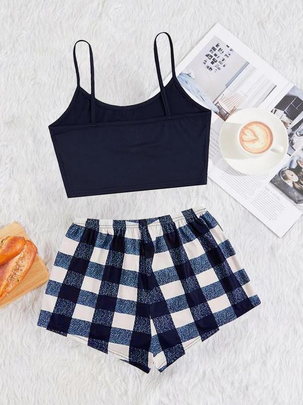 Women's Plain Button Crop Cami Top & Plaid Tie Front Elastic Waist Shorts Pyjama Set, Summer Clothes, PJ Set for Women, Women's Sleepwear & Loungewear