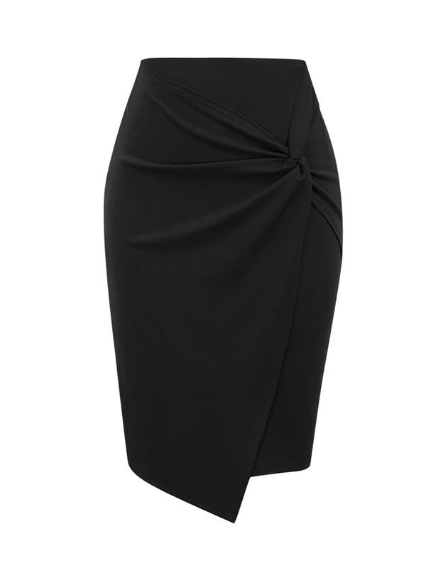 Women's Solid Twist Wrap Bodycon Skirt, Elegant Fashion High Waist Knee Length Skirt, Skirts for Women, Ladies Bottoms for All Seasons Work Business Daily Wear