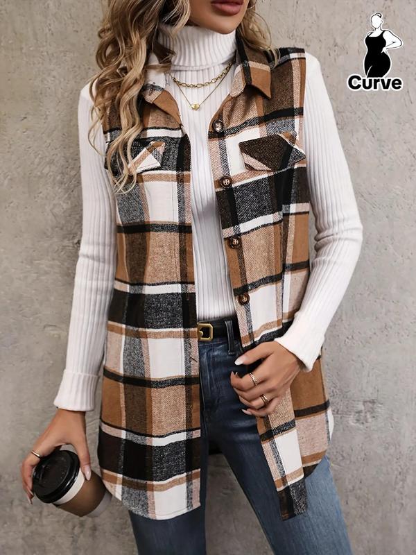 Plus Plaid Print Flap Detail Button Front Waistcoat Without Sweater, Casual Sleeveless Collared Outerwear For Spring & Fall, Women's Clothes For Daily Wear