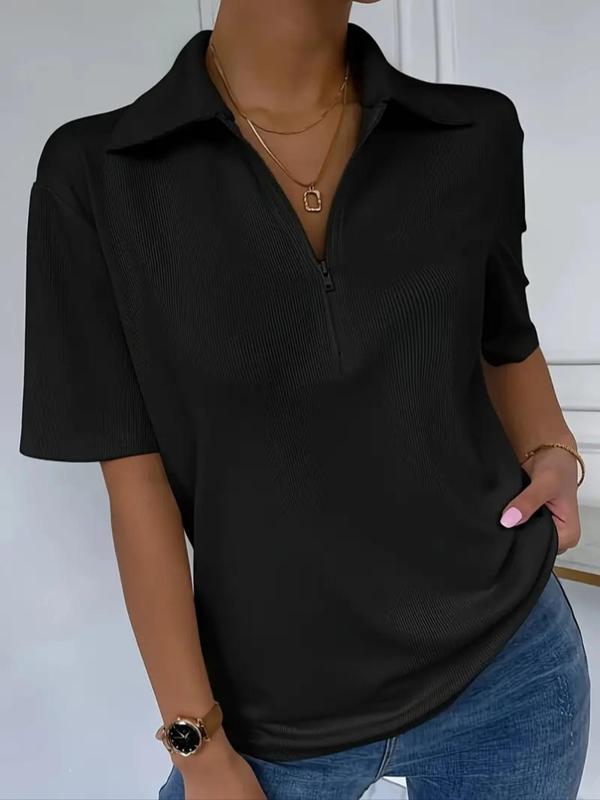 Women's Plain Half Zip Polo Shirt, Casual Short Sleeve Top for Spring & Fall, Ladies Clothes for Daily Wear