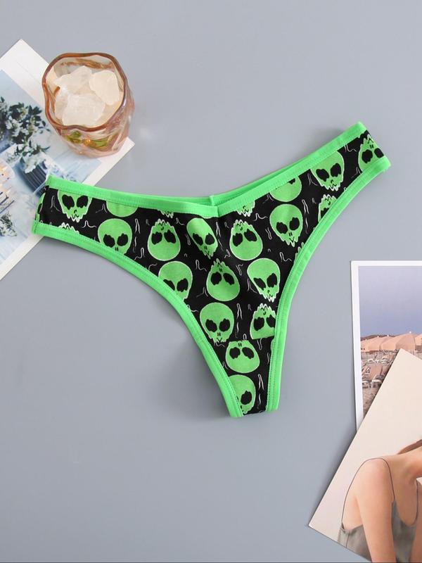 Women's 3pcs Cartoon Alien Print Thongs, Casual Comfy Breathable Panty for Daily Wear, Ladies Knicker for All Seasons, Fall Wear, Fallfreshness