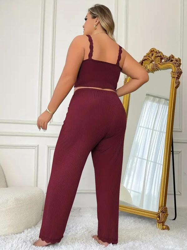  Contrast Lace Cami Top & Tie Front Pants Loungewear Two-Piece Set, Comfy Spaghetti Strap Camisole & Trousers PJ Set, Women's Sleepwear for All Seasons