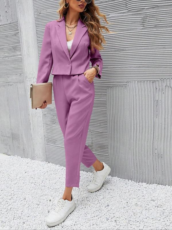 Two-piece Set Women's Solid Color Button Front Blazer & Pocket Pants, Long Sleeve Lapel Neckline Blazer & Straight Leg Trousers, Casual Two-piece Outfits for Work Office Business