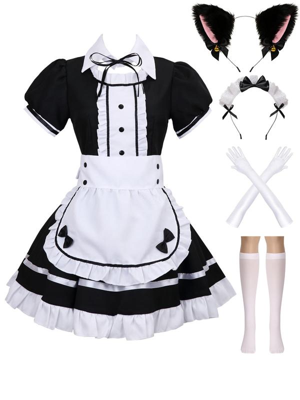 Women's Lolita French Maid Outfit Halloween Anime Costume with Apron Gloves Headband Socks 6 Pcs Set