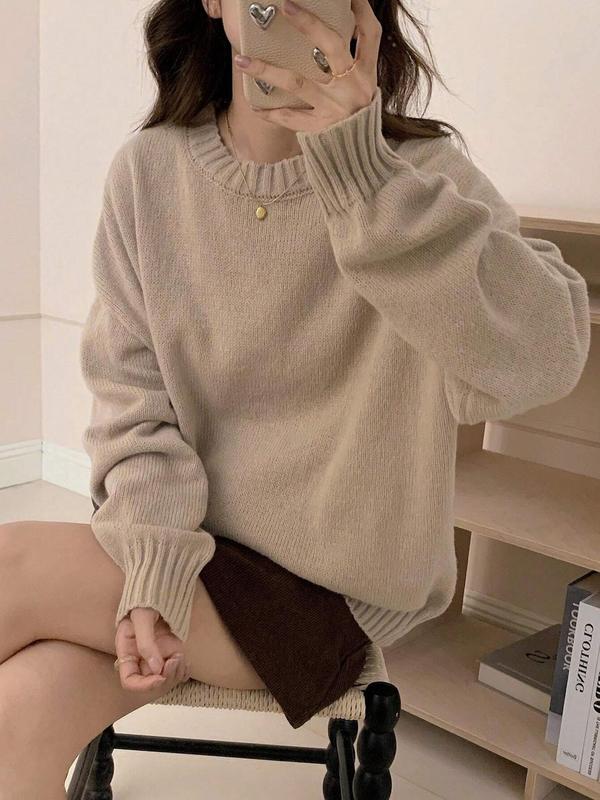 Women's Solid Drop Shoulder Sweater, Casual Long Sleeve Round Neck Jumper for Fall & Winter, Fashion Ladies' Knitwear for Daily Wear