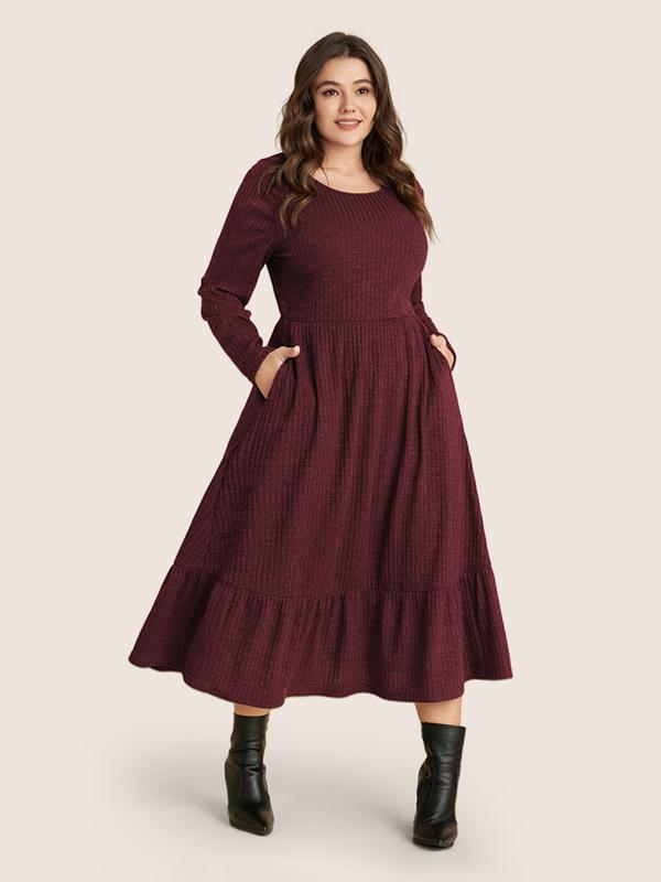 BloomChic Solid Pocket Rib Knit Ruffle Hem Dress Without Belt