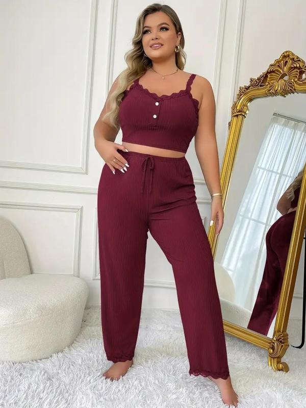  Contrast Lace Cami Top & Tie Front Pants Loungewear Two-Piece Set, Comfy Spaghetti Strap Camisole & Trousers PJ Set, Women's Sleepwear for All Seasons