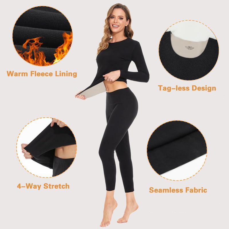 Women's Long Johns Thermal Underwear Fleece Lined Base Layer Soft Pajama Set For Cold Weather Laides Winter Warm Top & Bottom Comfortable Farbic Womenswear