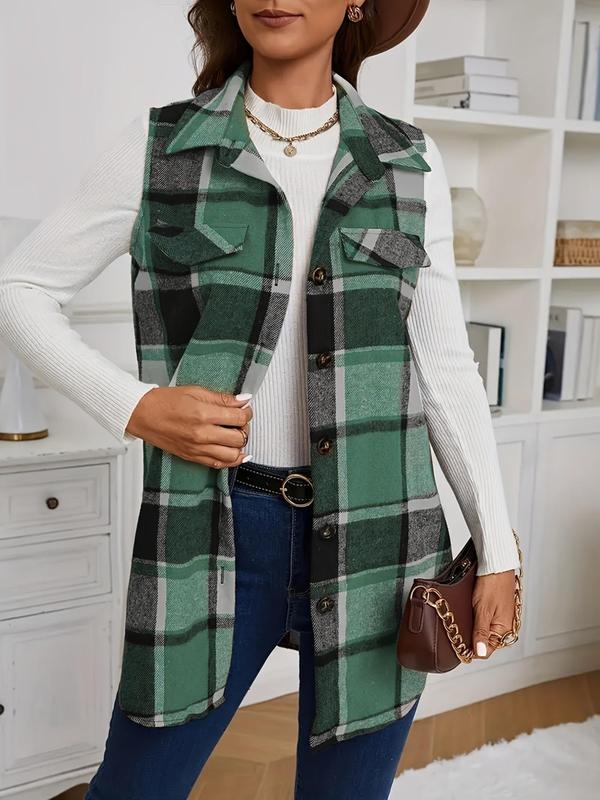 Women's Plaid Print Button Front Fake Pocket Design Vest Coat, Casual Sleeveless Collared Outerwear for Outdoor Sports, Ladies Sportswear for All Seasons