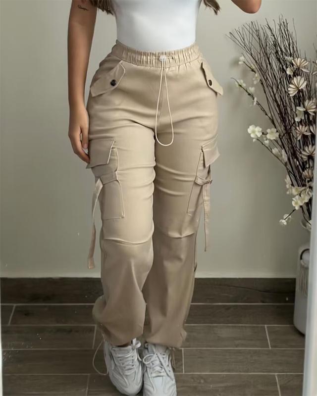 ChicMe Women Pocket Design Drawstring High Waist Pants Cuffed Pants Elastic Fit Trouser Cargo Pants Womenswear Bottom