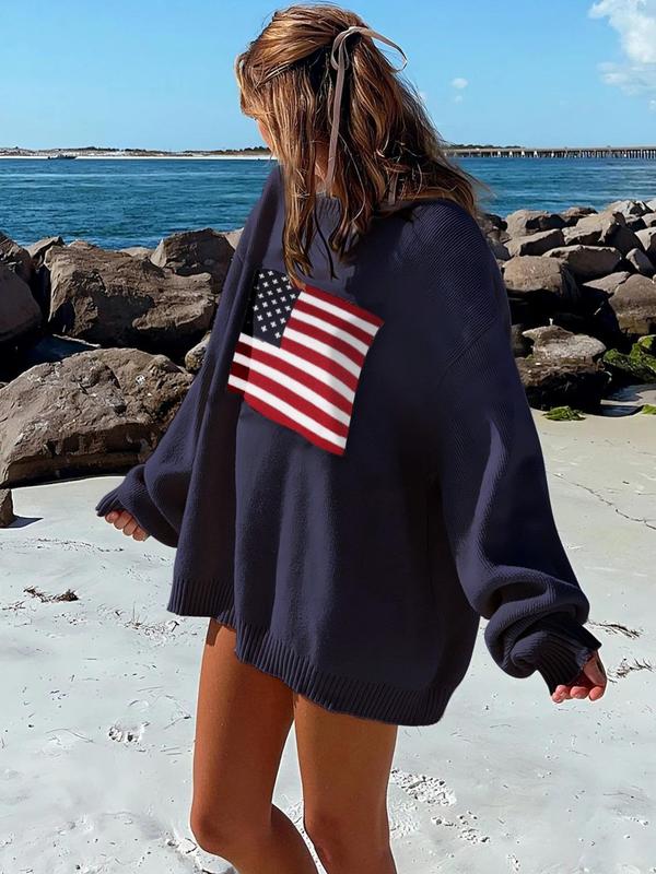 Women's Striped Print Drop Shoulder Spring 4th of July Sweater, Casual Longsleeves Round Neck Jumper for Fall, Womenswear Knitting Tops, Back To School Outfits, Women's Knitwear for Daily Wear, Lady Clothes, Downtown Girl Clothes, Preppy 80s Clothes