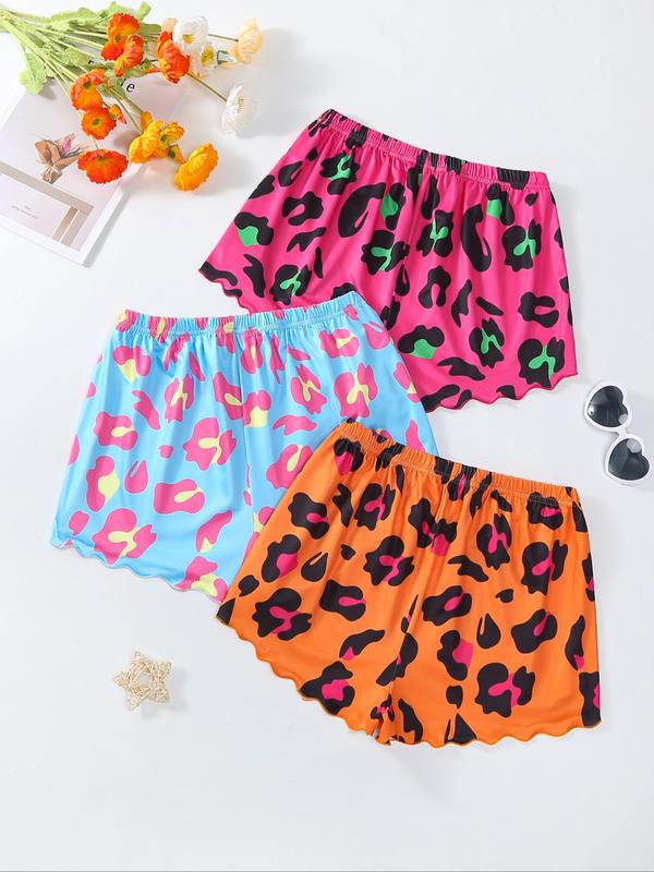 Women's Leopard Print Lettuce Trim Sleep Shorts, Back To School Casual Comfy Elastic Waist Pajama Shorts, Ladies Sleep Bottoms for All Seasons